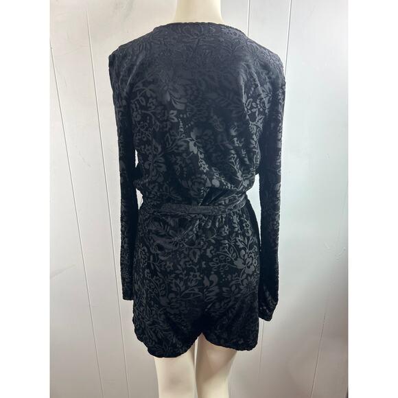 SAYLOR Black Velvet Burnout Floral Pattern Romper with Long Sleeves. Size S - Picture 3 of 6